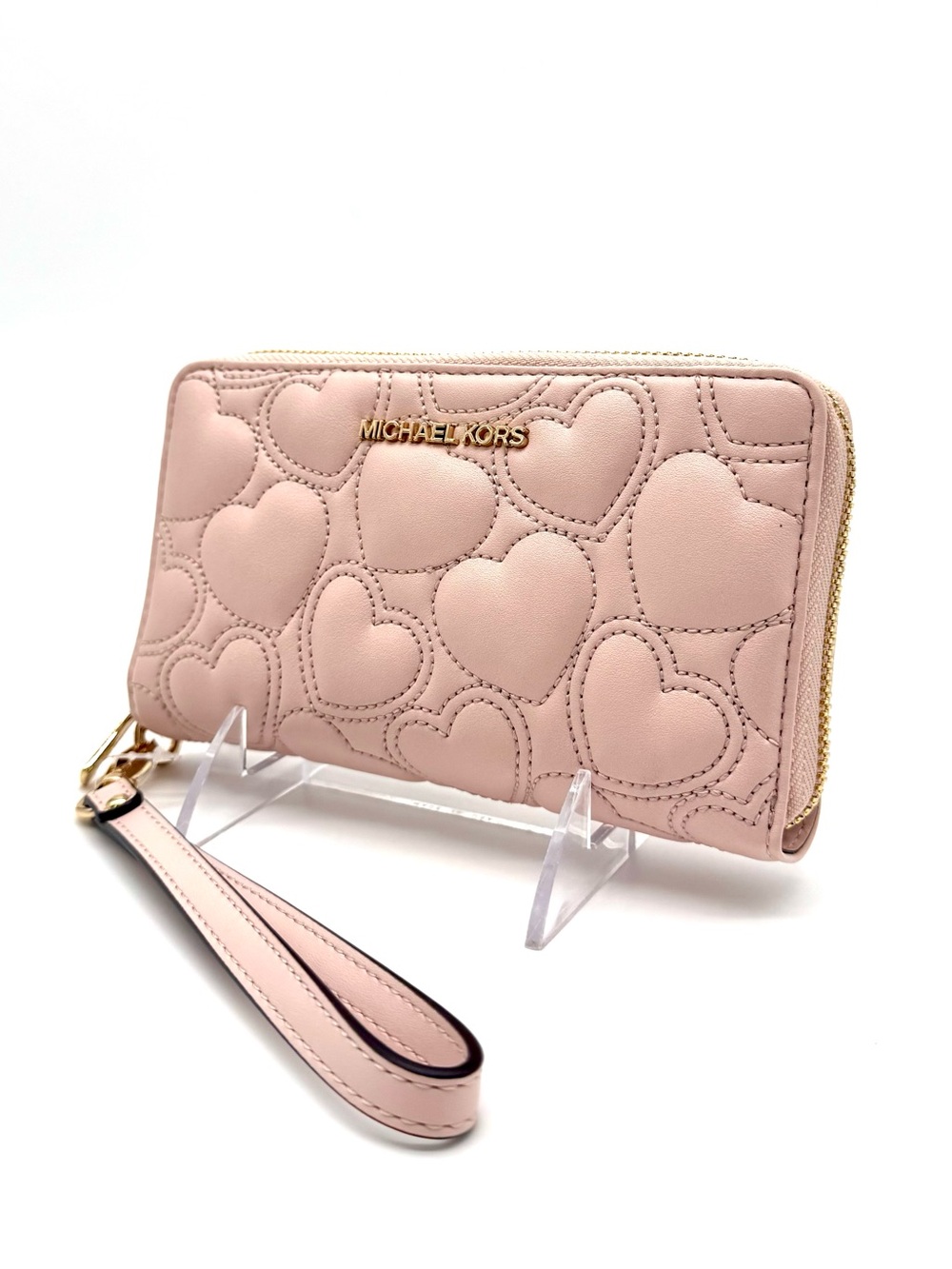 Michael Kors Large Quilted Heart Flat MF Phone Case Wallet Powder Blush